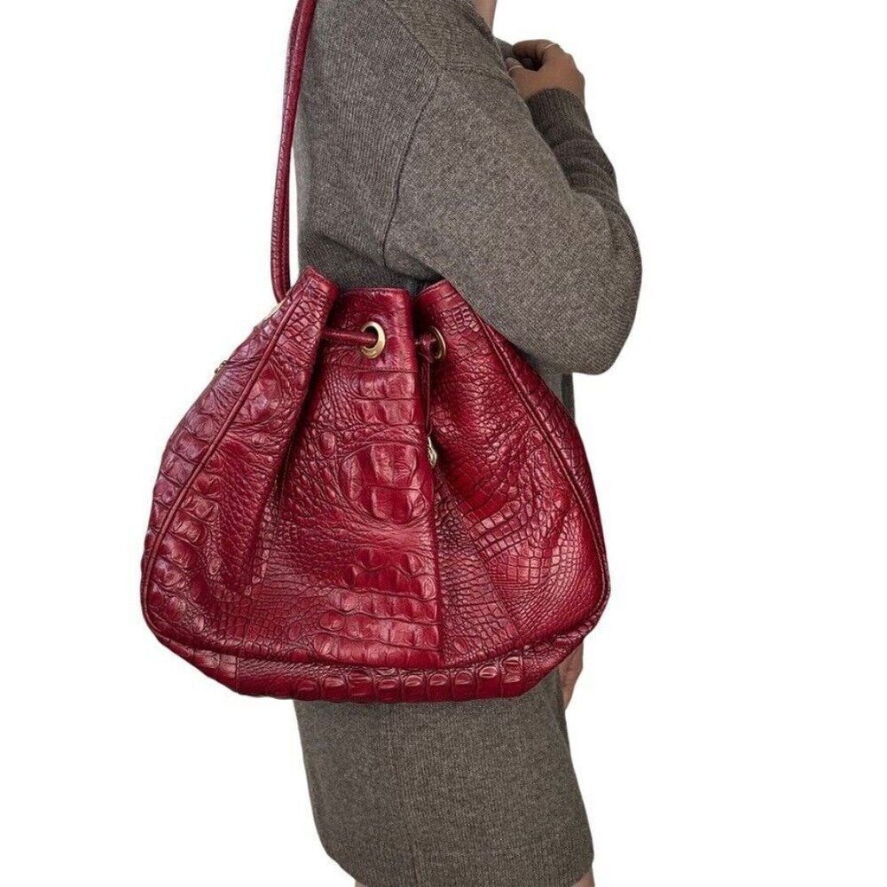 Brahmin Vintage Red Croc Embossed Leather Bucket Large Hobo Shoulder Bag Purse - Picture 3 of 11